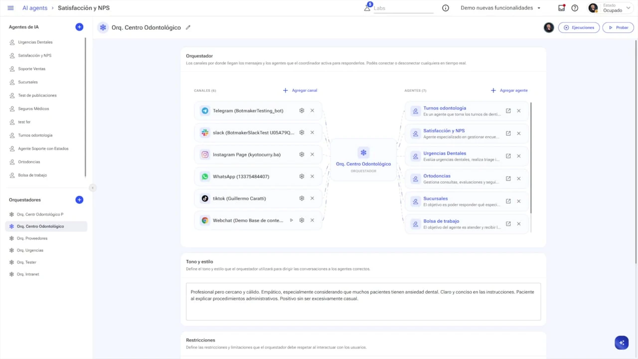 Pantalla de la plataforma Botmaker